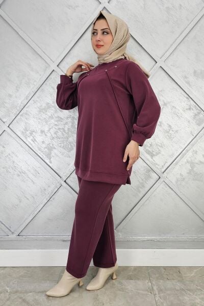 KADIN DÜĞME DETAYLI NERVÜR DİKİM TESETTÜR TAKIM BORDO - 2 BEDEN