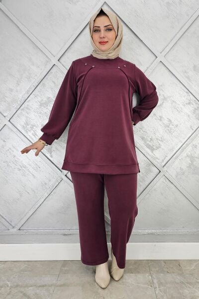 KADIN DÜĞME DETAYLI NERVÜR DİKİM TESETTÜR TAKIM BORDO - 2 BEDEN