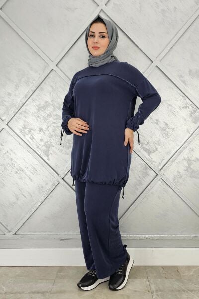 KADIN TAŞ DETAYLI MANŞETİ BAĞCIKLI TESETTÜR TAKIM LACİVERT - 3 BEDEN