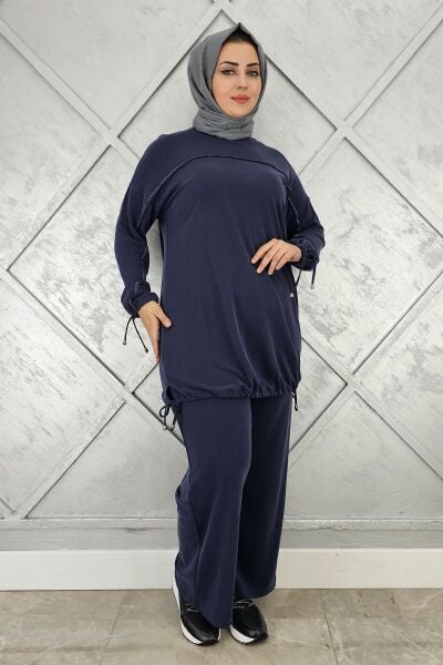 KADIN TAŞ DETAYLI MANŞETİ BAĞCIKLI TESETTÜR TAKIM LACİVERT - 3 BEDEN