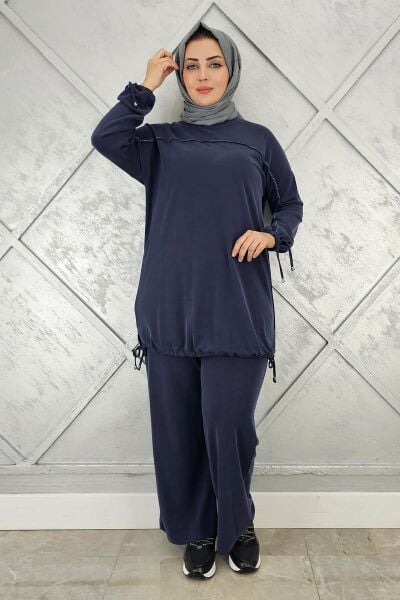 KADIN TAŞ DETAYLI MANŞETİ BAĞCIKLI TESETTÜR TAKIM LACİVERT - 3 BEDEN