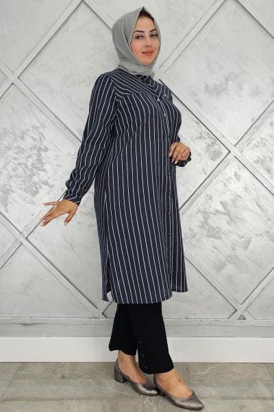 PYS KADIN BROŞLU ÇİZGİLİ KETEN TESETTÜR GÖMLEK SİYAH - 5 BEDEN