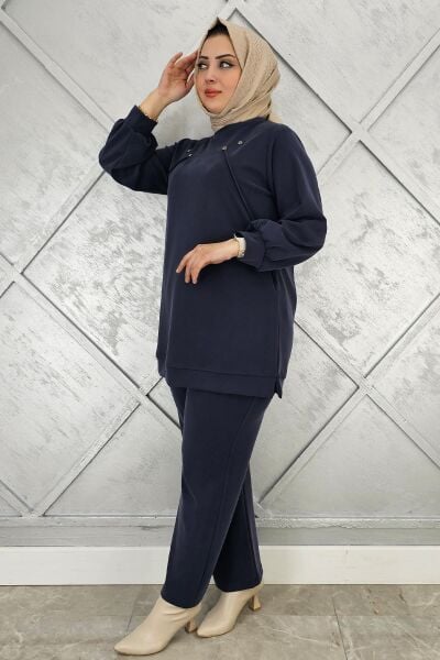 KADIN DÜĞME DETAYLI NERVÜR DİKİM TESETTÜR TAKIM LACİVERT - 4 BEDEN