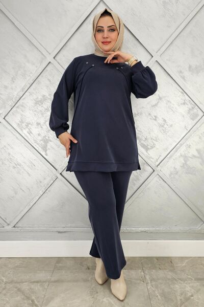 KADIN DÜĞME DETAYLI NERVÜR DİKİM TESETTÜR TAKIM LACİVERT - 4 BEDEN
