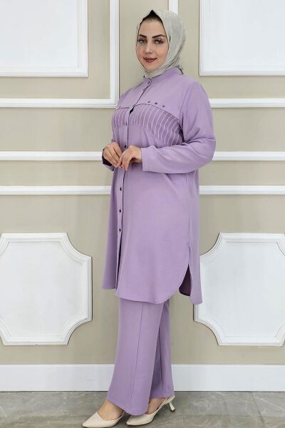 KADIN KOMBİNLİ TAŞ DETAYLI TESETTÜR TAKIM LİLA - 4 BEDEN