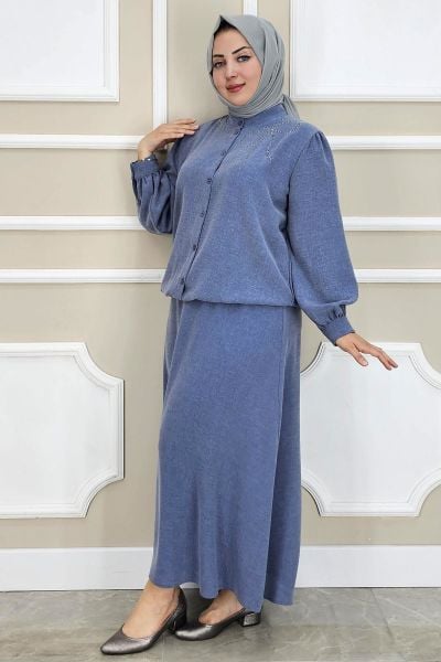PYS KADIN TAŞ DETAYLI TESETTÜR TAKIM MAVİ - 2 BEDEN