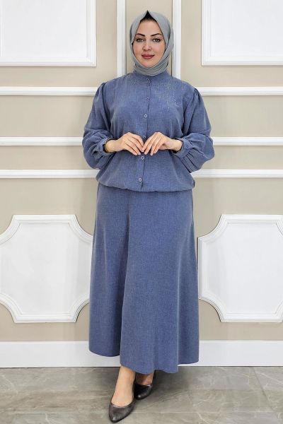 PYS KADIN TAŞ DETAYLI TESETTÜR TAKIM MAVİ - 2 BEDEN