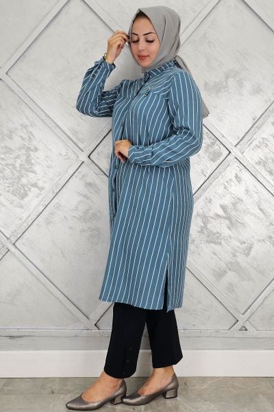 PYS KADIN BROŞLU ÇİZGİLİ KETEN TESETTÜR GÖMLEK PETROL YEŞİLİ - 2 BEDEN