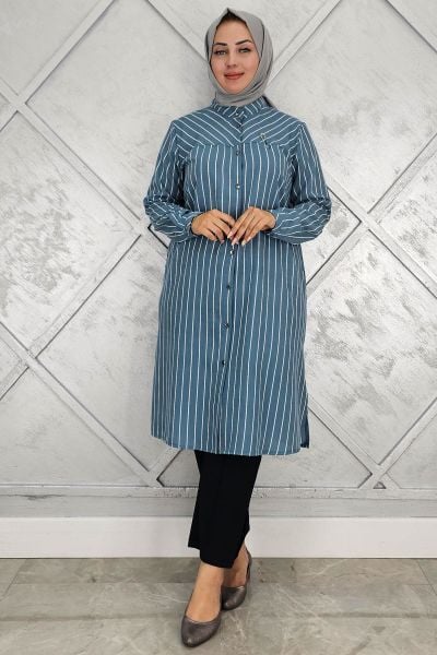 PYS KADIN BROŞLU ÇİZGİLİ KETEN TESETTÜR GÖMLEK PETROL YEŞİLİ - 2 BEDEN