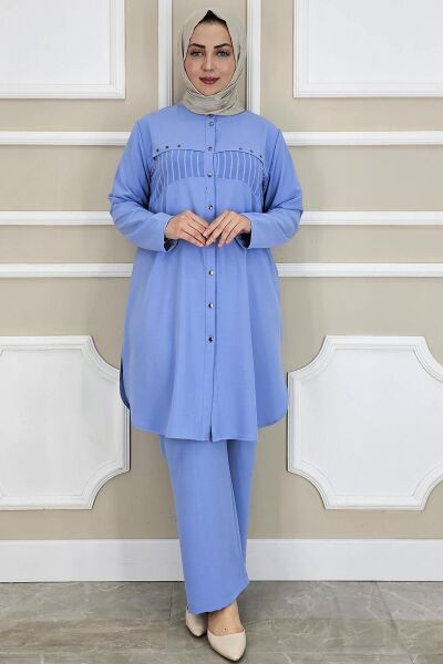 KADIN KOMBİNLİ TAŞ DETAYLI TESETTÜR TAKIM MAVİ - 2 BEDEN