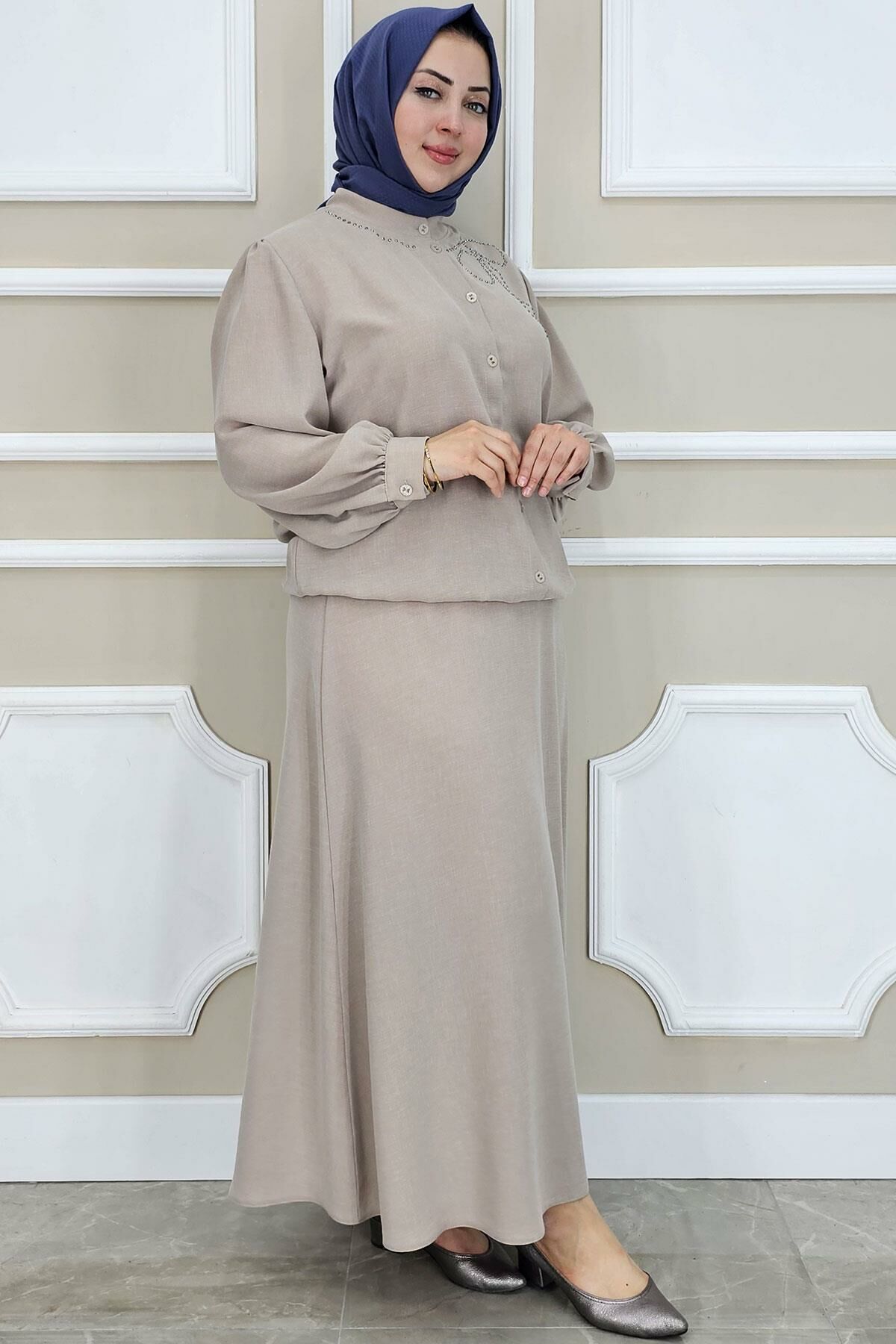 PYS KADIN TAŞ DETAYLI TESETTÜR TAKIM BEJ - 2 BEDEN