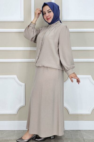 PYS KADIN TAŞ DETAYLI TESETTÜR TAKIM BEJ - 2 BEDEN
