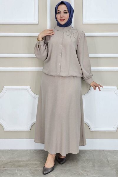 PYS KADIN TAŞ DETAYLI TESETTÜR TAKIM BEJ - 2 BEDEN