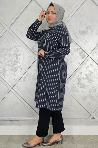 PYS KADIN BROŞLU ÇİZGİLİ KETEN TESETTÜR GÖMLEK SİYAH - 4 BEDEN