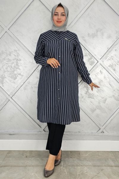 PYS KADIN BROŞLU ÇİZGİLİ KETEN TESETTÜR GÖMLEK SİYAH - 4 BEDEN