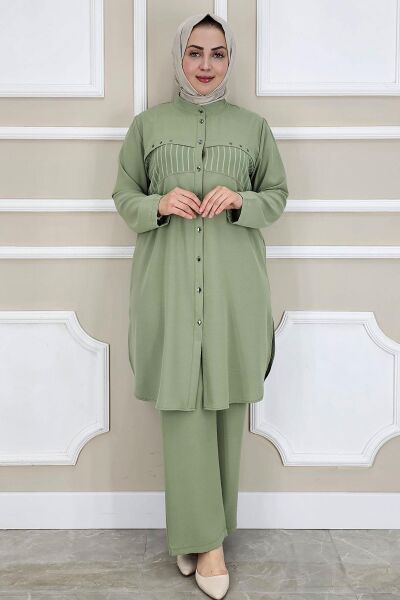KADIN KOMBİNLİ TAŞ DETAYLI TESETTÜR TAKIM YEŞİL - 4 BEDEN