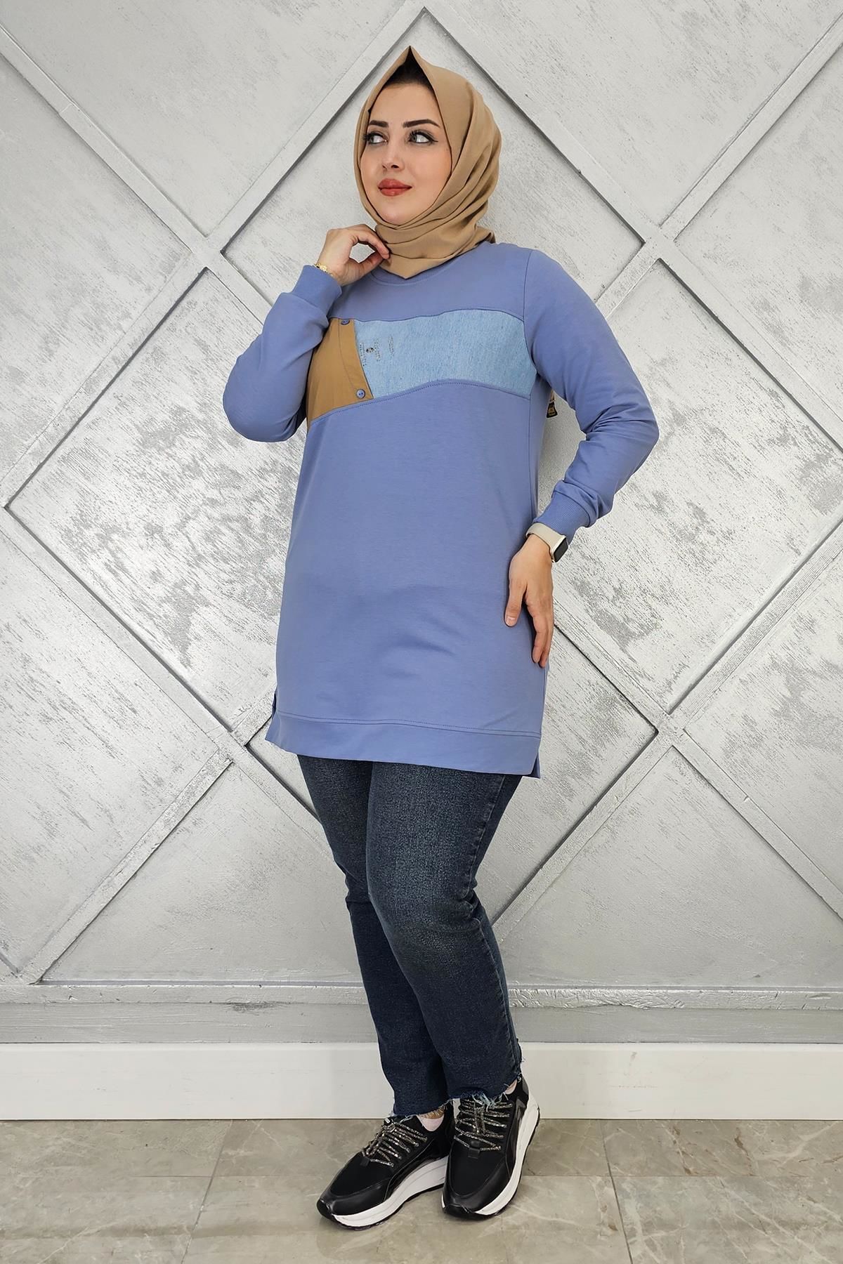 KADIN KOMBNLİ TAŞ DETAYLI TESETTÜR TUNİK MAVİ - 3XL