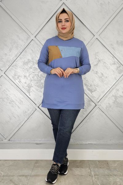 KADIN KOMBNLİ TAŞ DETAYLI TESETTÜR TUNİK MAVİ - 3XL