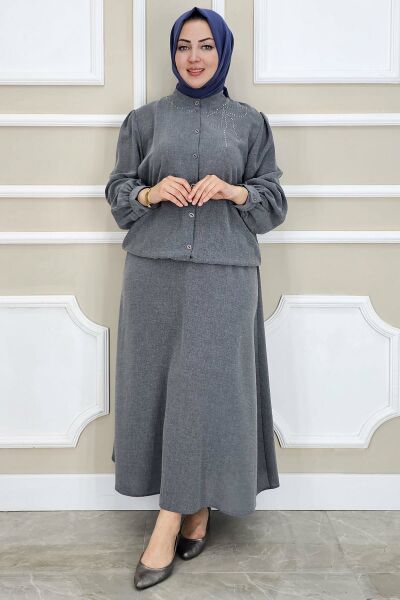 PYS KADIN TAŞ DETAYLI TESETTÜR TAKIM GRİ - 3 BEDEN