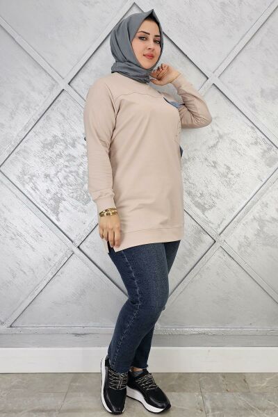 KADIN TAŞ VE DÜĞME DETAYLI TESETTÜR TUNİK BEJ - 3XL