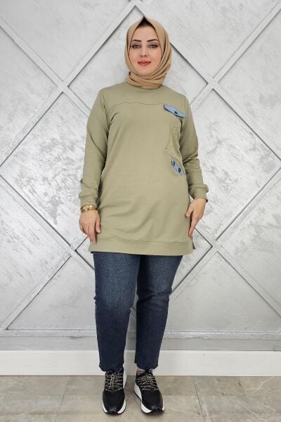 KADIN TAŞ VE DÜĞME DETAYLI TESETTÜR TUNİK HAKİ - 3XL