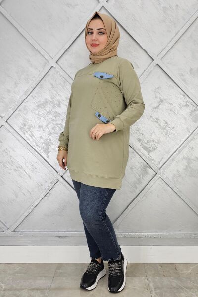 KADIN TAŞ VE DÜĞME DETAYLI TESETTÜR TUNİK HAKİ - 3XL