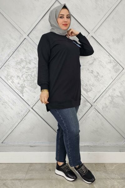 KADIN TAŞ VE DÜĞME DETAYLI TESETTÜR TUNİK SİYAH - 2XL