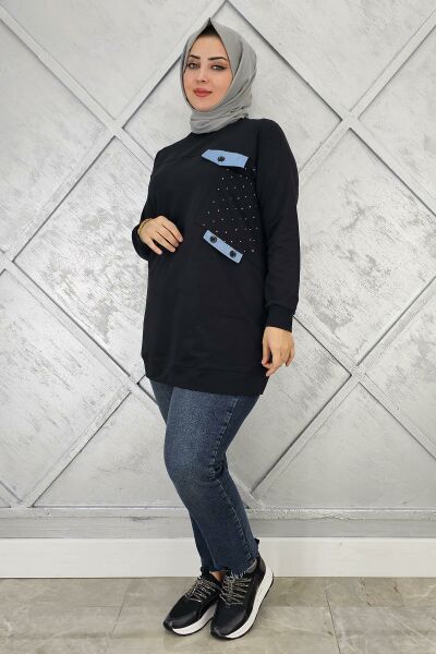 KADIN TAŞ VE DÜĞME DETAYLI TESETTÜR TUNİK SİYAH - 2XL
