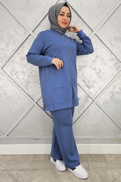 KADIN CEBİ YAŞ DETAYLI FERMUARLI TESETTÜR TAKIM İNDİGO - 3 BEDEN