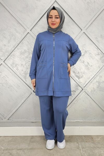 KADIN CEBİ YAŞ DETAYLI FERMUARLI TESETTÜR TAKIM İNDİGO - 3 BEDEN