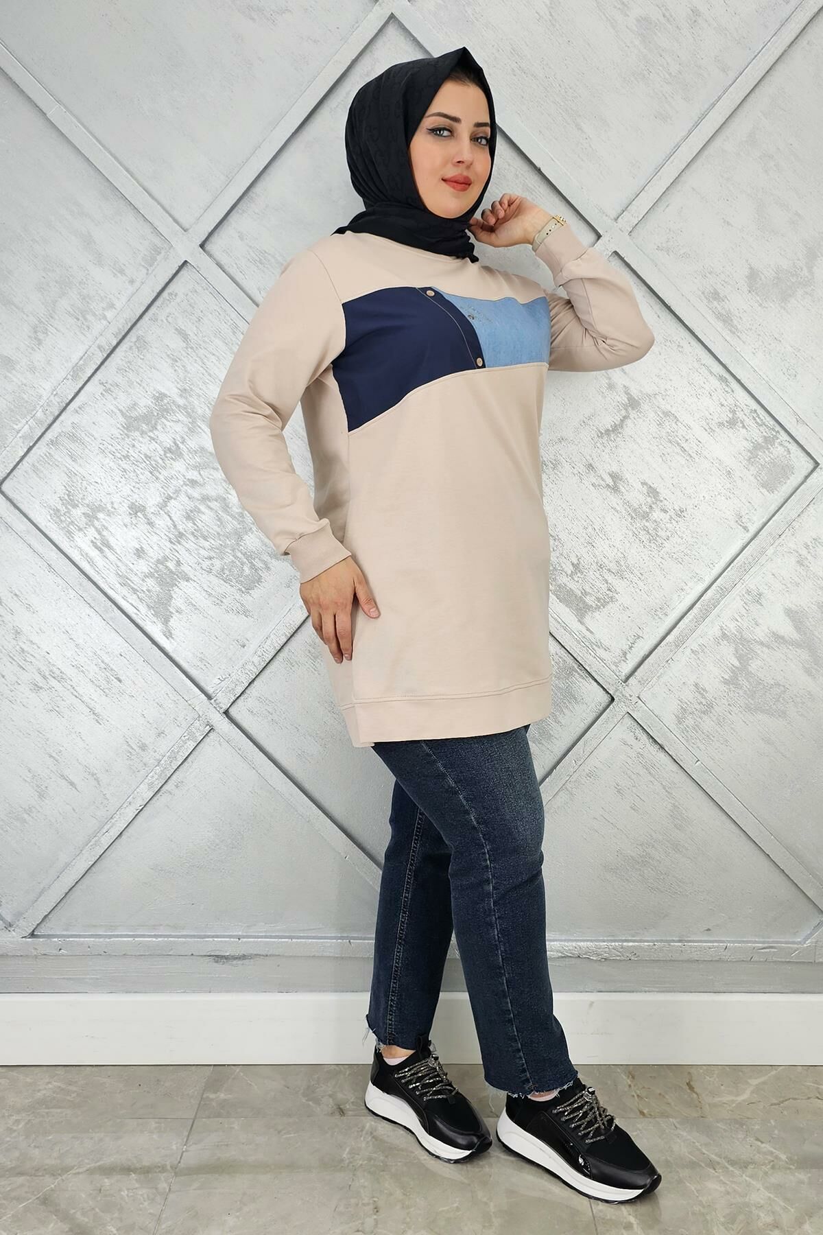 KADIN KOMBNLİ TAŞ DETAYLI TESETTÜR TUNİK BEJ - 2XL