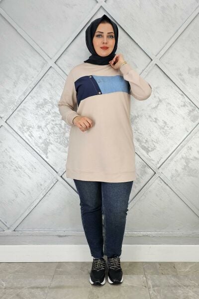 KADIN KOMBNLİ TAŞ DETAYLI TESETTÜR TUNİK BEJ - 2XL