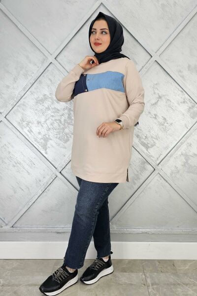 KADIN KOMBNLİ TAŞ DETAYLI TESETTÜR TUNİK BEJ - 2XL