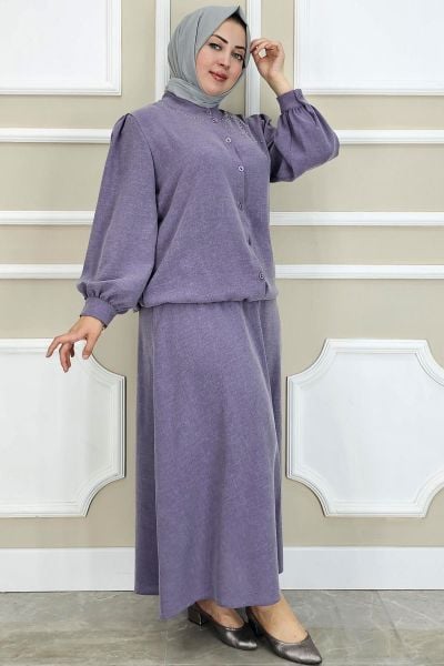 PYS KADIN TAŞ DETAYLI TESETTÜR TAKIM LİLA - 4 BEDEN
