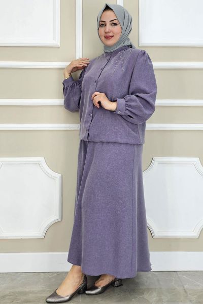 PYS KADIN TAŞ DETAYLI TESETTÜR TAKIM LİLA - 4 BEDEN