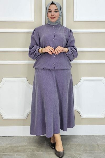 PYS KADIN TAŞ DETAYLI TESETTÜR TAKIM LİLA - 4 BEDEN