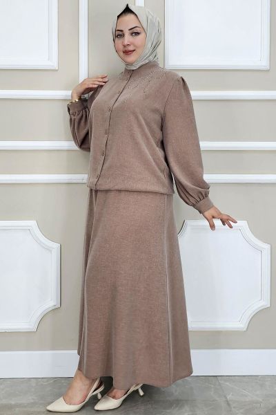 PYS KADIN TAŞ DETAYLI TESETTÜR TAKIM SOMON - 3 BEDEN