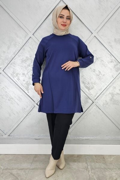 KADIN KOL DÜĞME DETAYLI TESETTÜR TUNİK İNDİGO - 3 BEDEN