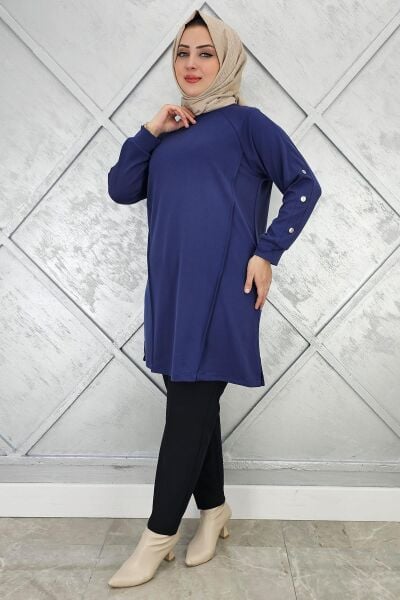 KADIN KOL DÜĞME DETAYLI TESETTÜR TUNİK İNDİGO - 3 BEDEN