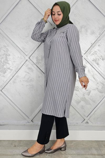 PYS KADIN BROŞLU ÇİZGİLİ KETEN TESETTÜR GÖMLEK GRİ - 4 BEDEN