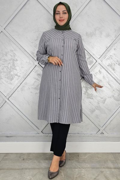 PYS KADIN BROŞLU ÇİZGİLİ KETEN TESETTÜR GÖMLEK GRİ - 4 BEDEN