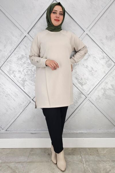 KADIN KOL DÜĞME DETAYLI TESETTÜR TUNİK BEJ - 4 BEDEN
