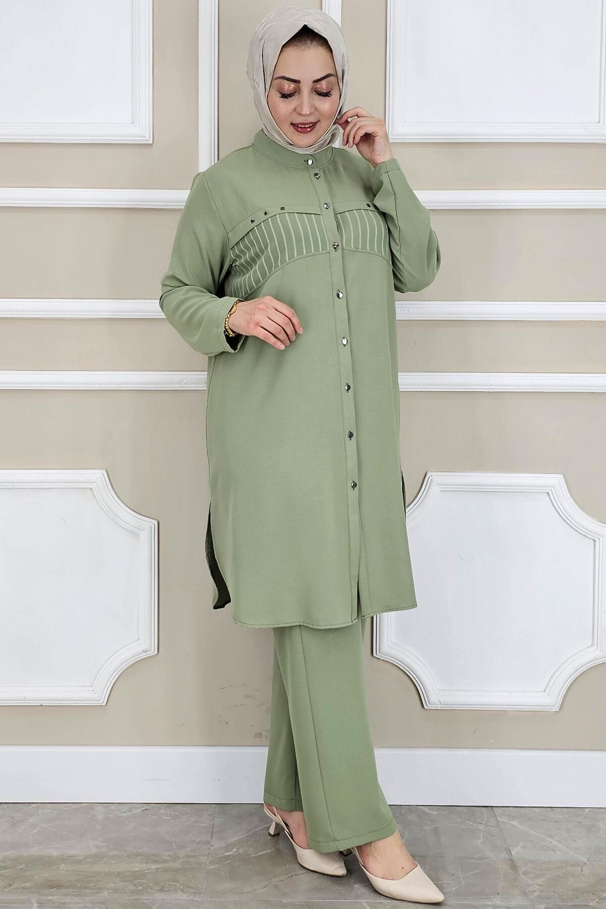 KADIN KOMBİNLİ TAŞ DETAYLI TESETTÜR TAKIM YEŞİL - 5 BEDEN