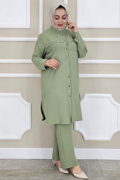 KADIN KOMBİNLİ TAŞ DETAYLI TESETTÜR TAKIM YEŞİL - 5 BEDEN