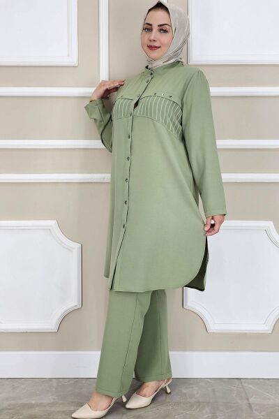 KADIN KOMBİNLİ TAŞ DETAYLI TESETTÜR TAKIM YEŞİL - 5 BEDEN