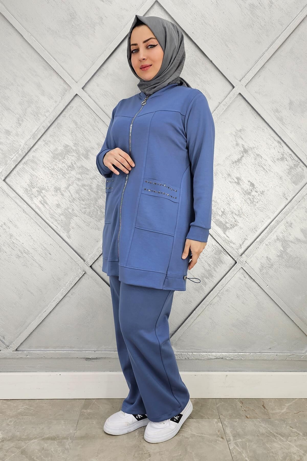 KADIN CEBİ YAŞ DETAYLI FERMUARLI TESETTÜR TAKIM İNDİGO - 2 BEDEN