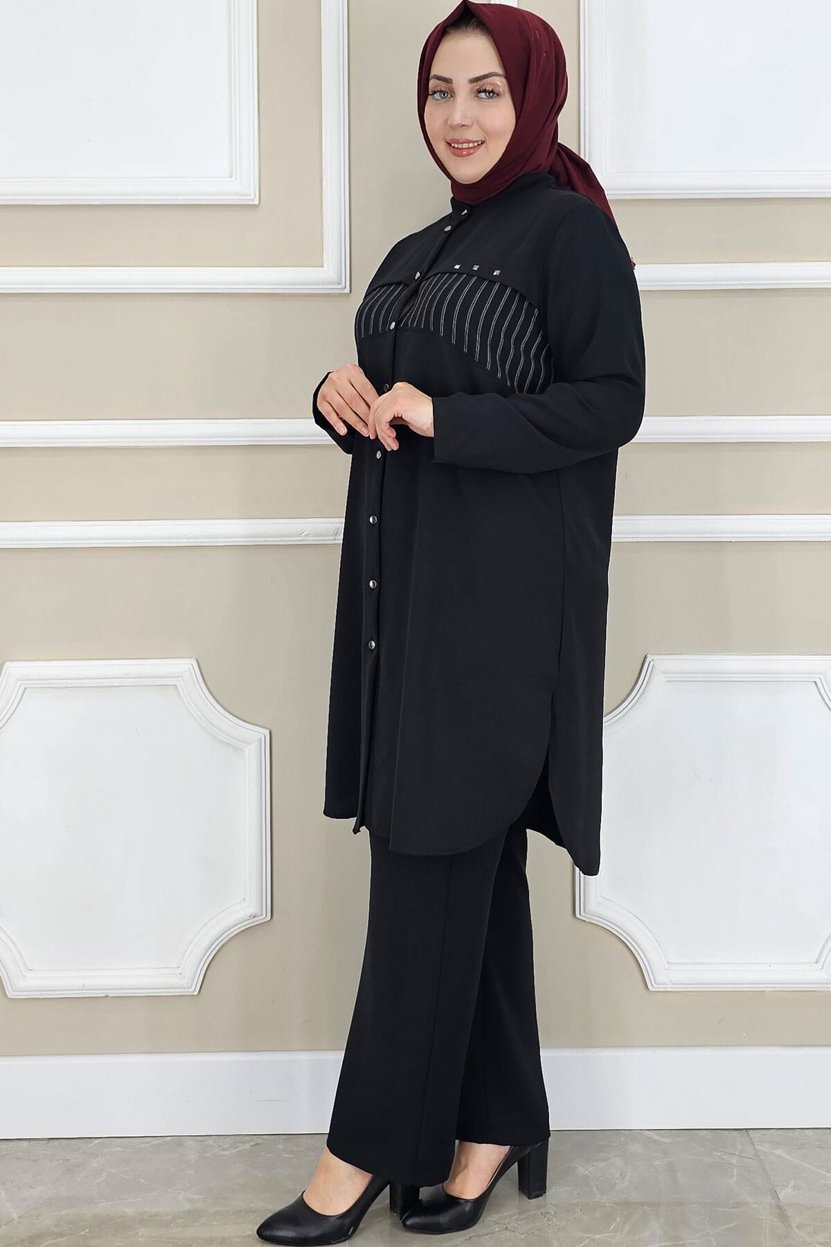 KADIN KOMBİNLİ TAŞ DETAYLI TESETTÜR TAKIM SİYAH - 5 BEDEN