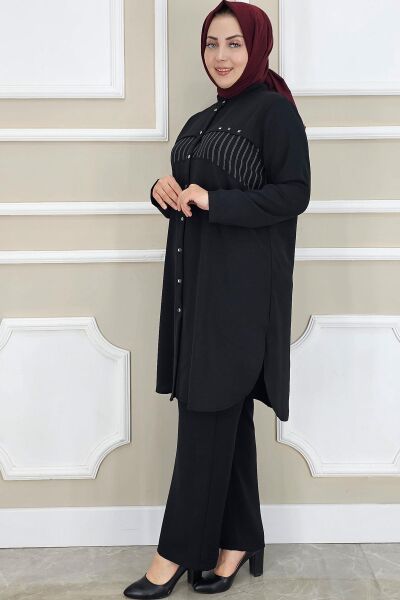 KADIN KOMBİNLİ TAŞ DETAYLI TESETTÜR TAKIM SİYAH - 5 BEDEN