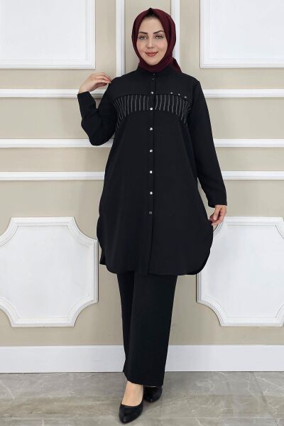 KADIN KOMBİNLİ TAŞ DETAYLI TESETTÜR TAKIM SİYAH - 5 BEDEN