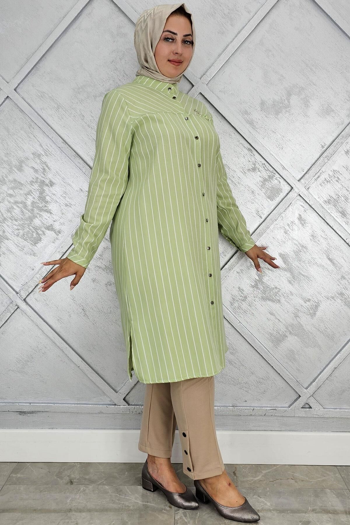 PYS KADIN BROŞLU ÇİZGİLİ KETEN TESETTÜR GÖMLEK YEŞİL - 4 BEDEN